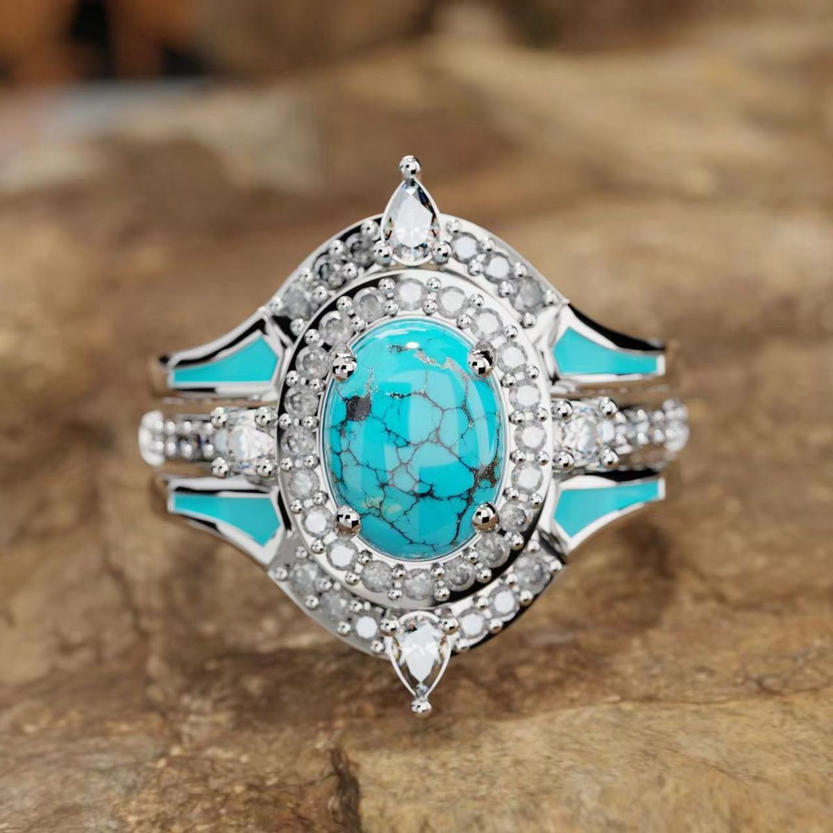 Sanjie New Product Fashion Diamond Blue Turquoise Three Piece Ring Set_ipsvogv.com
