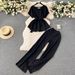 Women's Clothing retro fashion round neck short sleeved tie waist top two piece suit women's casual loose high waist wide leg trousers_ipsvogv.com