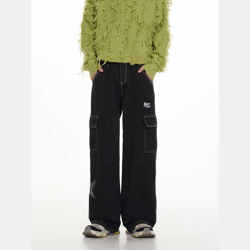 Men's Clothing star design jeans men ins trendy retro straight pants loose niche casual trousers_ipsvogv.com