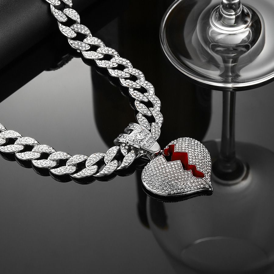 Street 3D Full Diamond Love New Product Alloy Broken Heart Droplet Oil Pendant Cuban Chain Necklace_ipsvogv.com