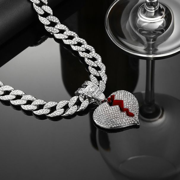 Street 3D Full Diamond Love New Product Alloy Broken Heart Droplet Oil Pendant Cuban Chain Necklace_ipsvogv.com