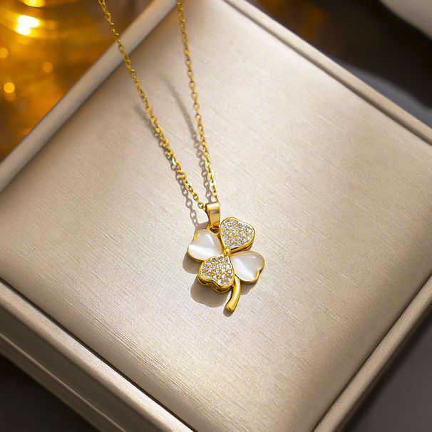 Lucky Four leaf Grass Titanium Steel Necklace Women's ins Wind Cat's Eye Advanced Sense Simple Love Collar Chain_ipsvogv.com