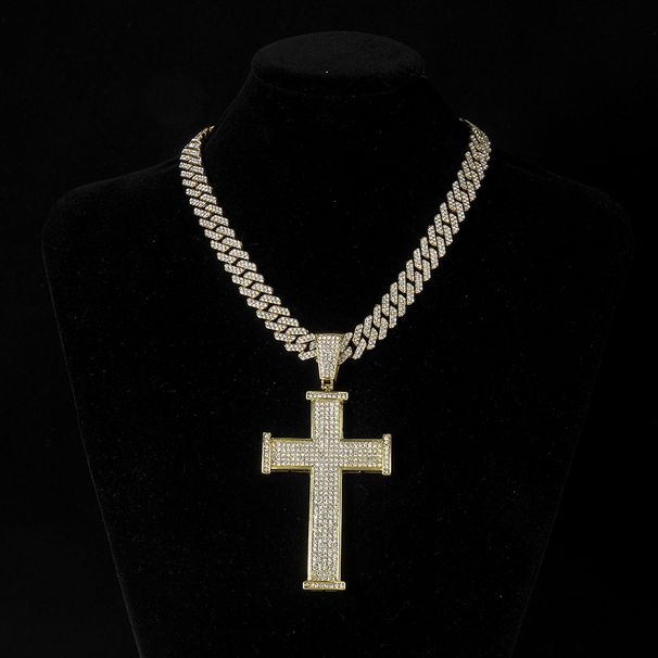 Cross full diamond pendant personality alloy Cuban chain niche street style hip hop necklace_ipsvogv.com