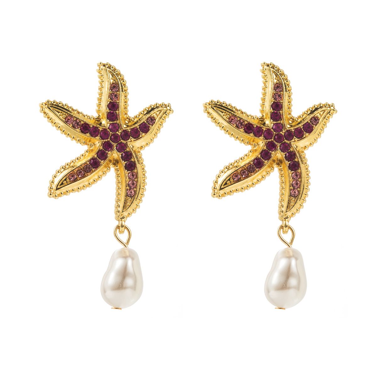 E12536 summer new alloy diamond studded starfish earrings, fashionable and cool ocean style pearl earrings_ipsvogv.com