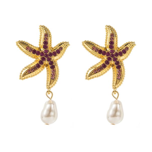 E12536 summer new alloy diamond studded starfish earrings, fashionable and cool ocean style pearl earrings_ipsvogv.com