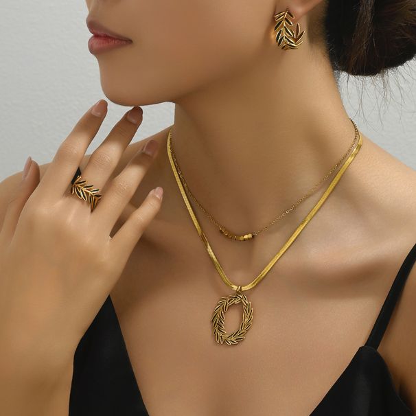 Fashionable and minimalist style ring, women's necklace, jewelry set, niche leaf drip oil design earrings, long chain_ipsvogv.com