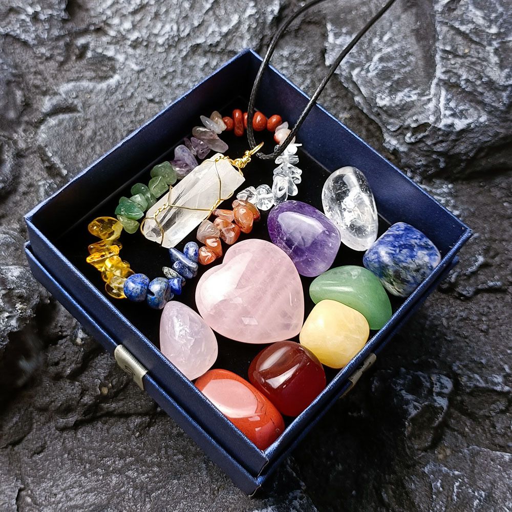 Natural Crystal Jade Colorful Stone Combination Set Pink Crystal Heart Hexagonal Pendant Pieces Multi color Matching Gift Box_ipsvogv.com