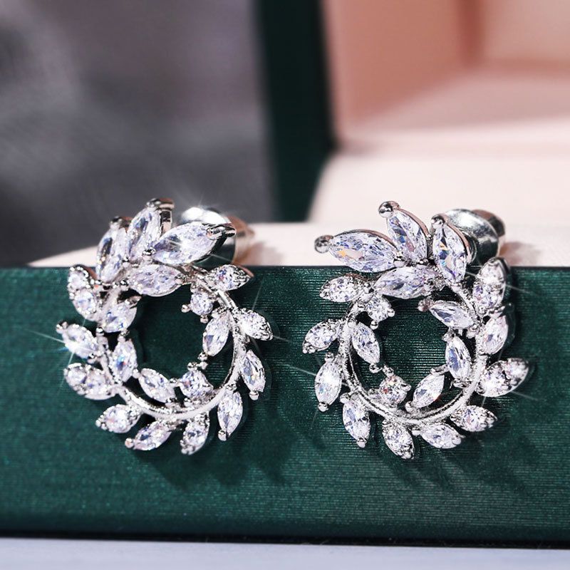 Cao Shi Live Network Red Ear Studs Luxury Full Diamond Micro Inlaid Leaves Olive Branch Earrings_ipsvogv.com