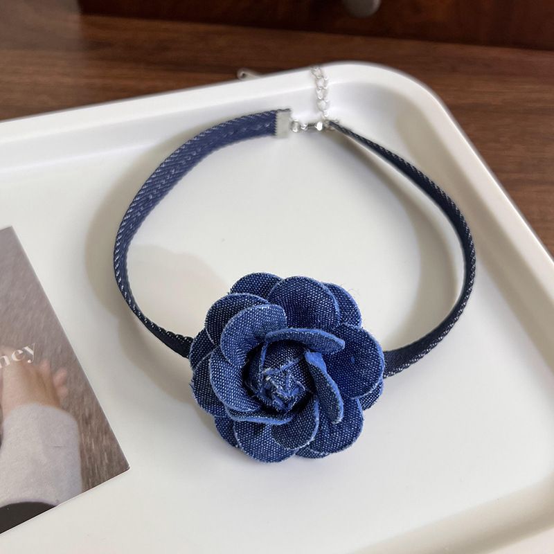 Elegant Three-Dimensional Denim Blue Floral Choker Ribbon Collar Design Sense Clavicle Tie Necklace_ipsvogv.com