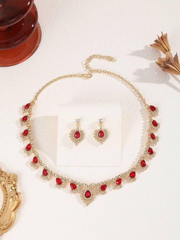 1 Bridal Necklace Earrings Water Drop-shaped Rhie Korean Style Sparkg Jewelry Set For Red/Green Dress_ipsvogv.com