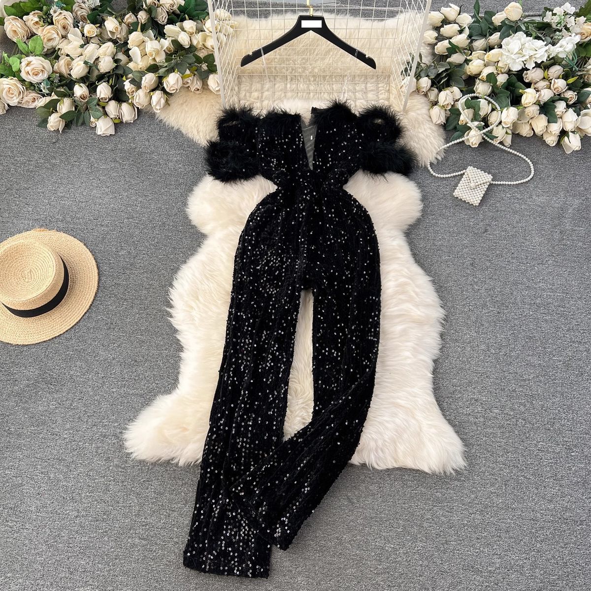 Women's Clothing elegant temperament jumpsuit female ins wear one shoulder fur splicing sequins slim trousers_ipsvogv.com