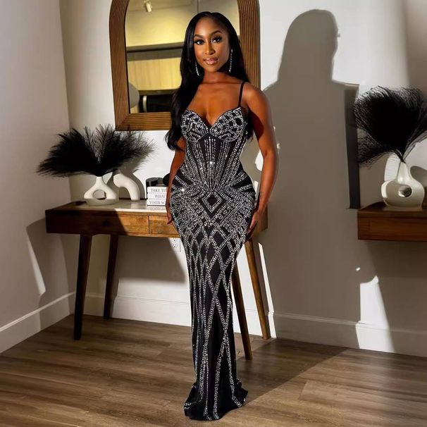 New European And American Sexy And Fashionable Sleeveless Rhinestone Camisole Backless Slim Fit Dress Party Dress_ipsvogv.com
