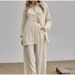 Women's Clothing long sleeved temperament commuter skin color linen solid color slit long shirt and wide leg pants set_ipsvogv.com