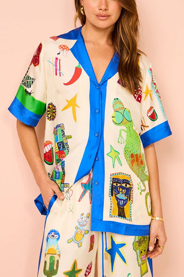 Women's Clothing graffiti print satin short-sleeved lapel shirt + trousers casual two-piece suit_ipsvogv.com
