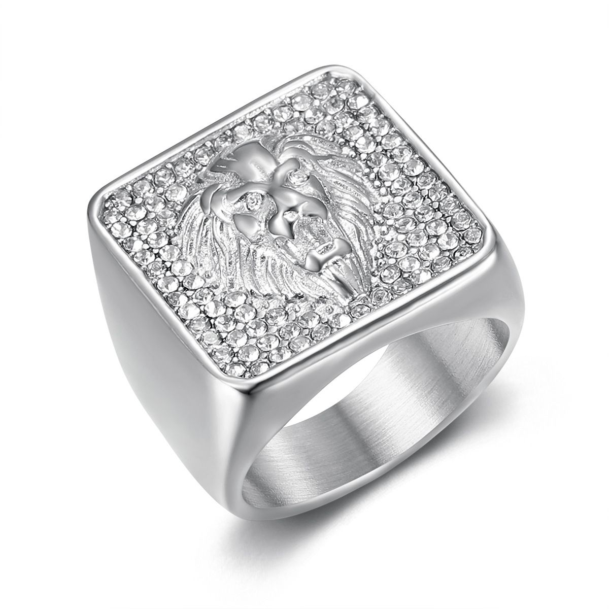 New Hip-Hop Jewelry Titanium Steel Gold-Plated Full Diamond Dominant Lion Head Men's Ring_ipsvogv.com