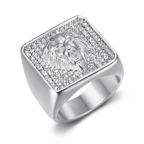 New Hip-Hop Jewelry Titanium Steel Gold-Plated Full Diamond Dominant Lion Head Men's Ring_ipsvogv.com