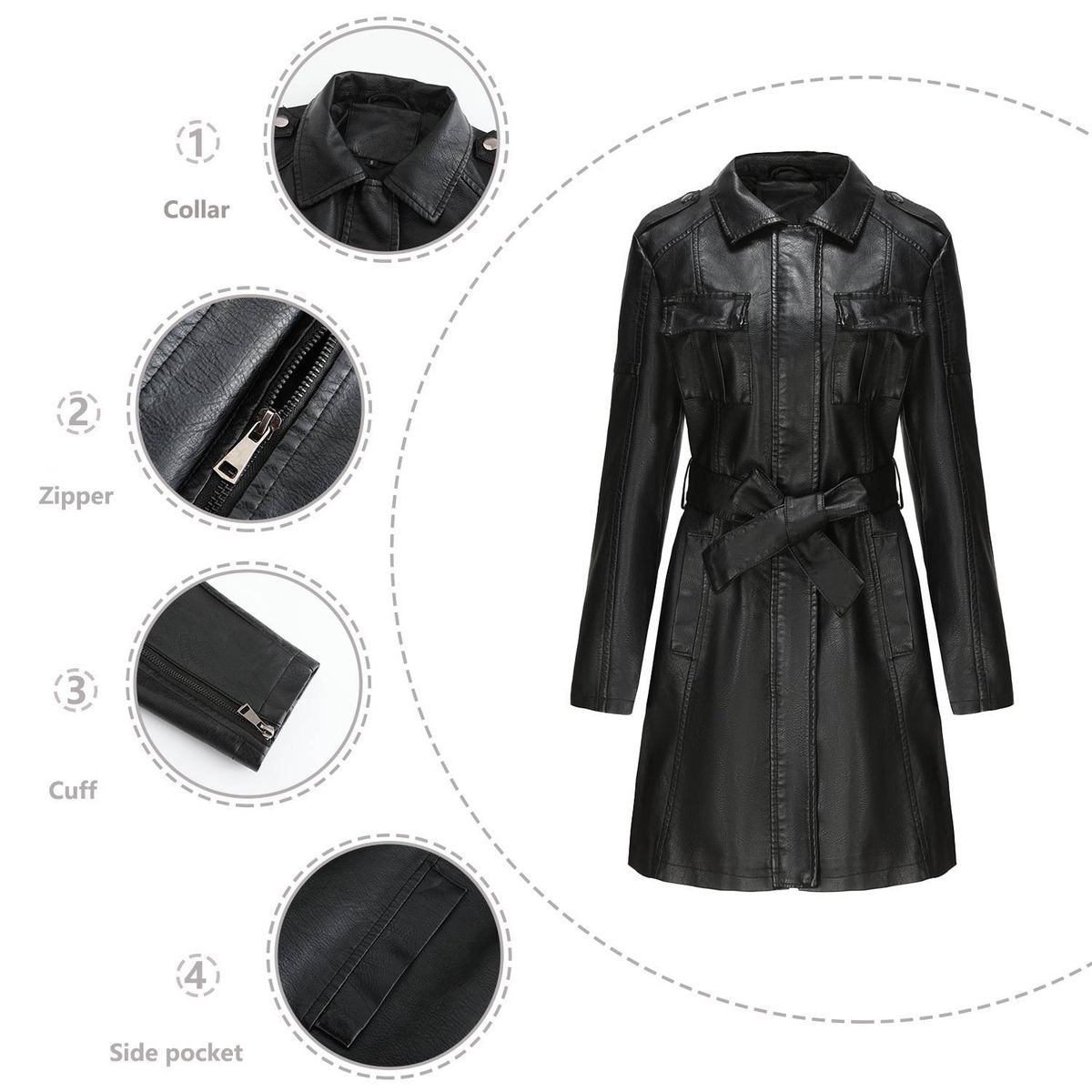 New mid-length leather coat with belt long-sleeved leather trench coat fashionable coat woman_ipsvogv.com