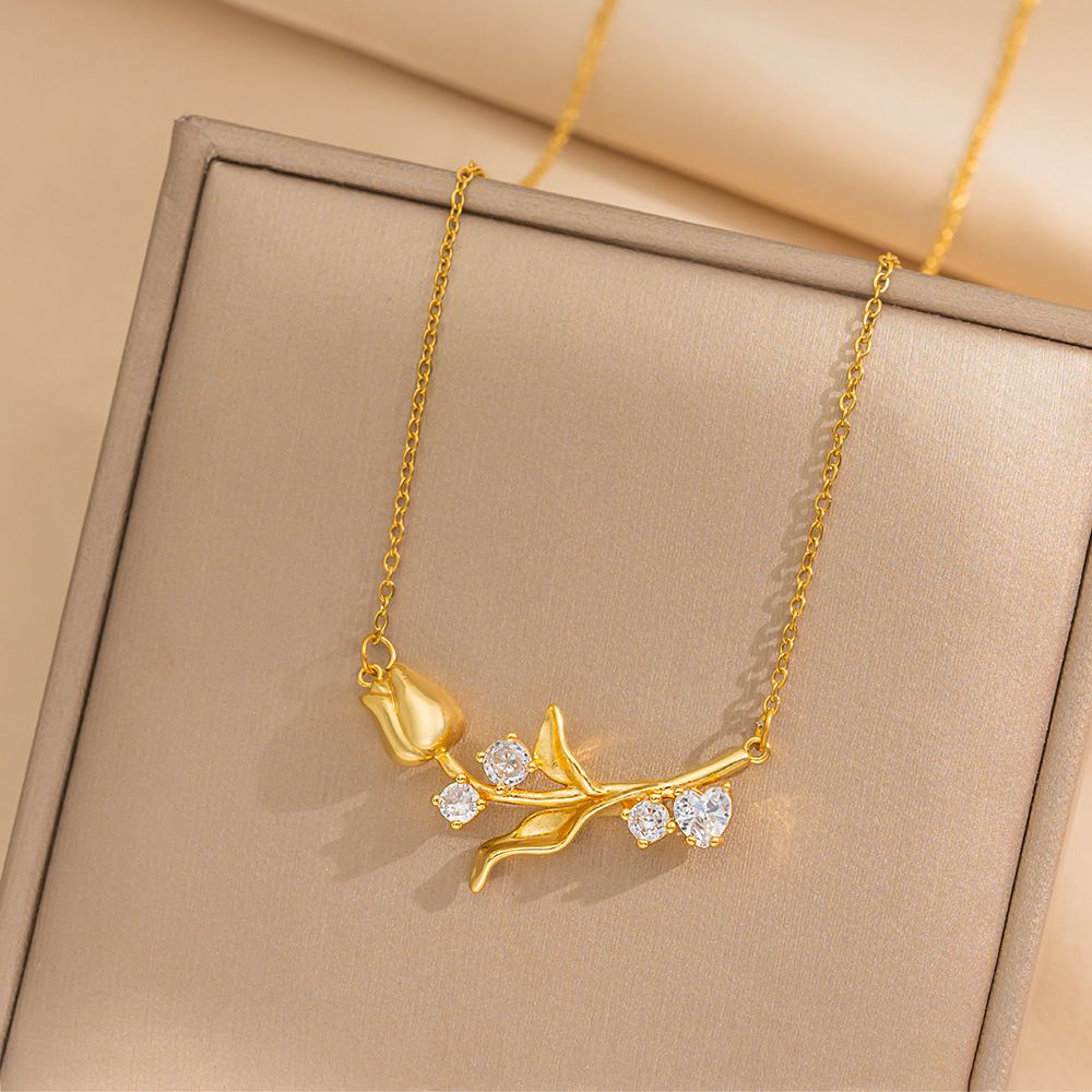 Tulip Delicate Unique Zircon Flower Necklace Delicate Light Luxury Inlaid White Stone Pendant French Clavicle Chain_ipsvogv.com