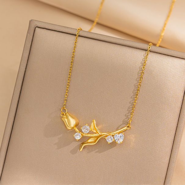Tulip Delicate Unique Zircon Flower Necklace Delicate Light Luxury Inlaid White Stone Pendant French Clavicle Chain_ipsvogv.com