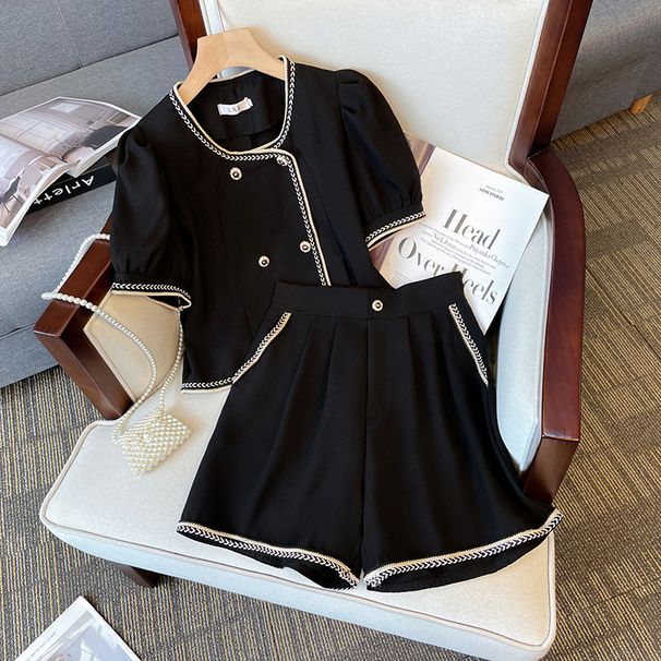 women's clothing fat mm Xiaoxiang style casual shorts contrast color tops slim temperament two-piece suit_ipsvogv.com