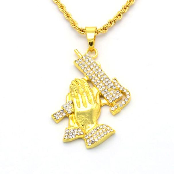 New Hip Hop Men's Prayer Hand Pistol Pendant Trendy Fashion Diamond Set Necklace K1170_ipsvogv.com