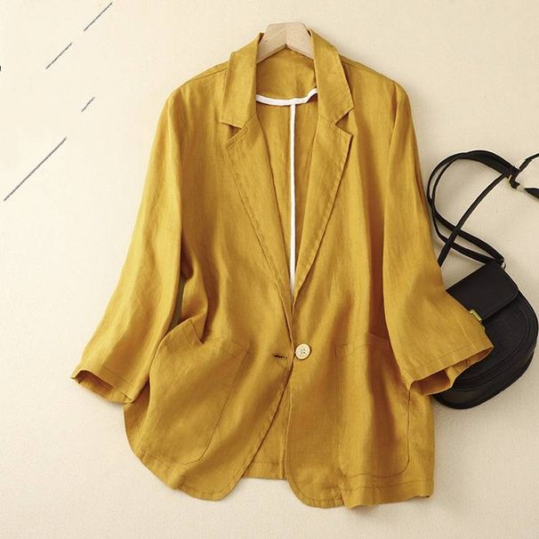 Women's Clothing Retro Cotton and Linen Casual Three quarter Sleeve Short Jacket Solid Color Small Suit Tops_ipsvogv.com