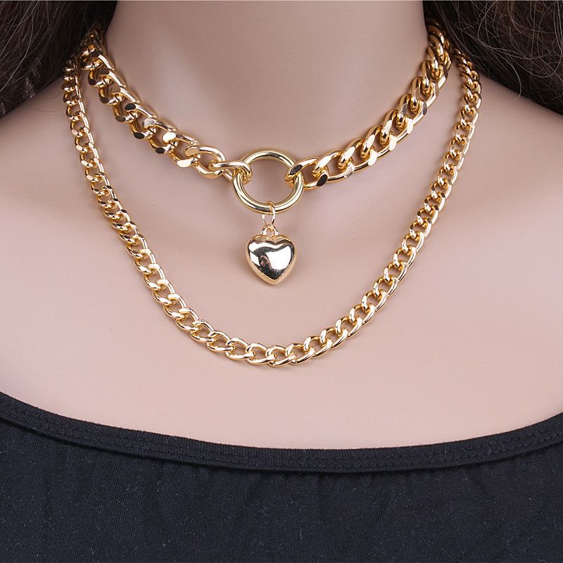 Personalized Punk Long Neck Accessory For Women, Simple Multi-layer Geometric Double-layer Peach Heart Necklace_ipsvogv.com