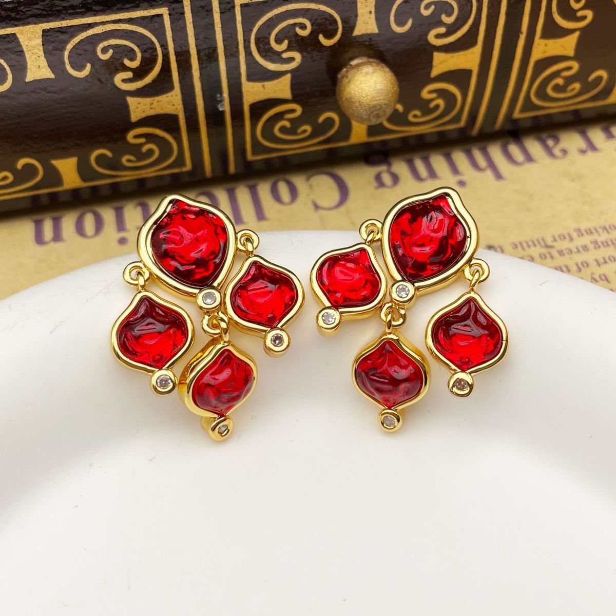 Antique New Year red earrings with tassels, long grand and luxurious women's earrings, silver needles_ipsvogv.com