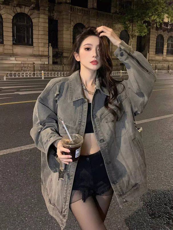 Vintage denim jacket coat female spring and autumn new fat mm large size loose all washed holes top tide_ipsvogv.com
