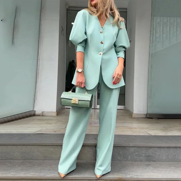 Women's fashion solid color lantern sleeve loose suit temperament commuting suit_ipsvogv.com