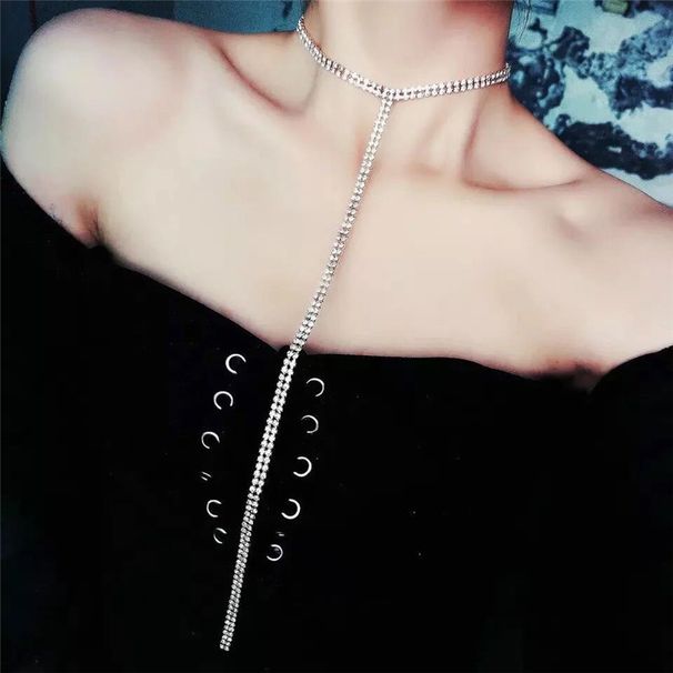 Fashion jewelry T shaped sexy super flash full diamond double layer necklace long chain clavicle chain necklace_ipsvogv.com