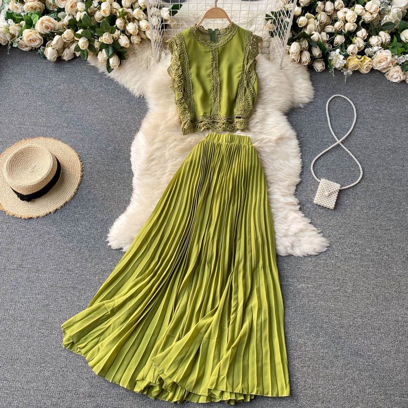 Women's fashion high-waisted lean pressed chiffon skirt two-piece set_ipsvogv.com