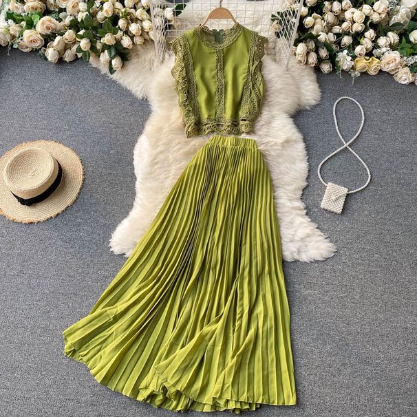 Women's fashion high-waisted lean pressed chiffon skirt two-piece set_ipsvogv.com