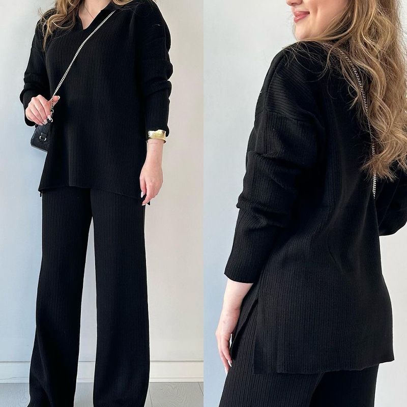 Women's Clothing autumn new solid color fashion lapel loose casual sweater two piece set for women_ipsvogv.com
