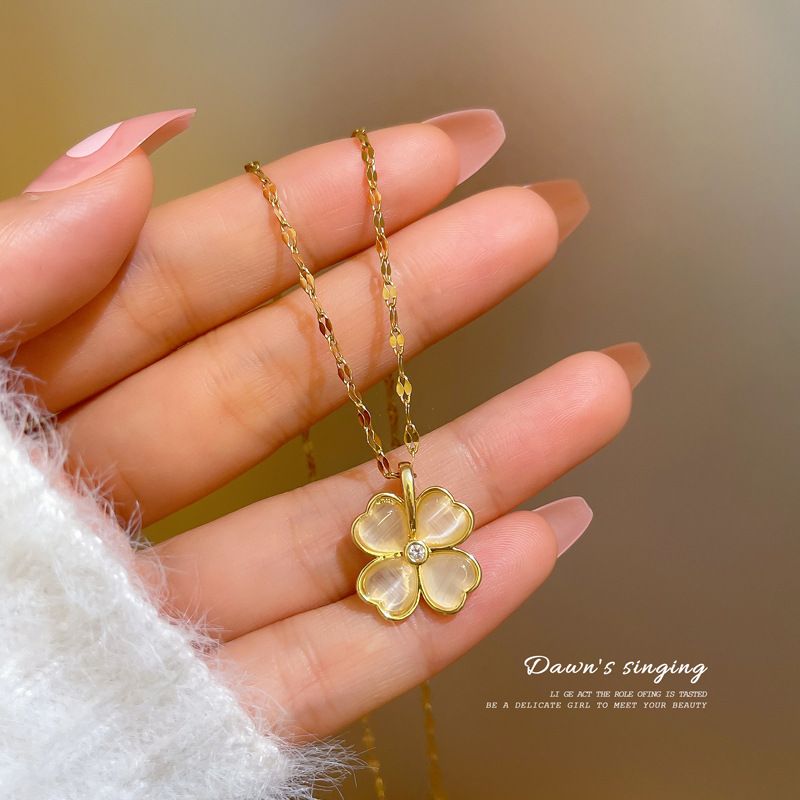 Titanium Steel 【 】 New Cat Eye Stone Happy Clover Necklace Pendant Charm Internet Red Women's Clavicle Chain Jewelry 【 】_ipsvogv.com