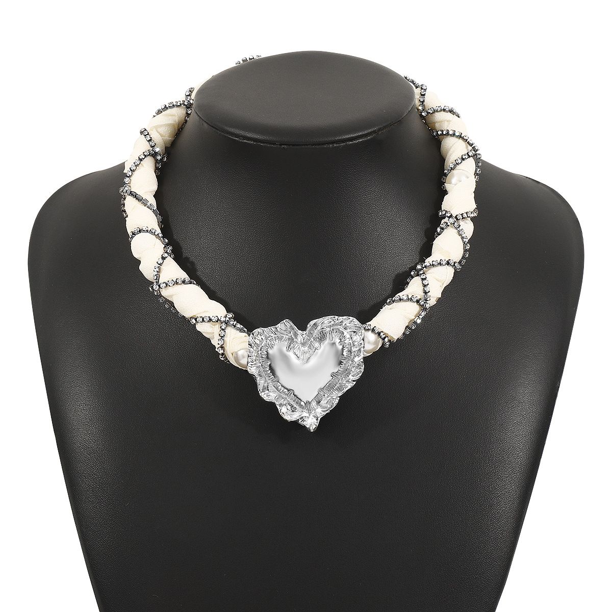 N12223ZA new diamond studded heart-shaped necklace, fashionable, light luxury style, woven fabric, pearl necklace_ipsvogv.com