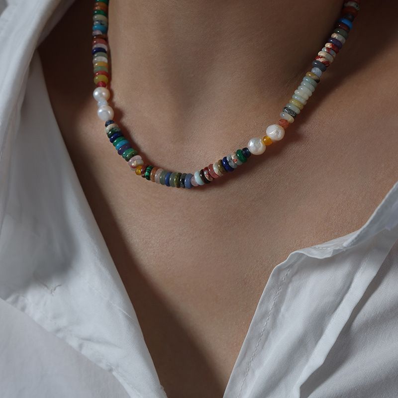 Summer Leisure Vacation Style, Colorful Natural Stone Cut Agate Freshwater Pearl Bead Design, Titanium Steel Necklace_ipsvogv.com
