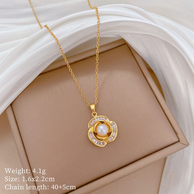 【 Titanium Steel 】 Necklace Earring Light Luxury Full Diamond Pearl Flower Personalized Temperament Banquet Earrings Set_ipsvogv.com