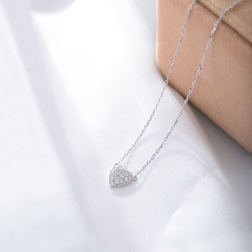 Women's Jewelry S925 Sterling Silver Heart Shaped Micro Inlaid Zircon Necklace All Match Light Luxury Sweet Full Diamond Love Clavicle Necklace_ipsvogv.com
