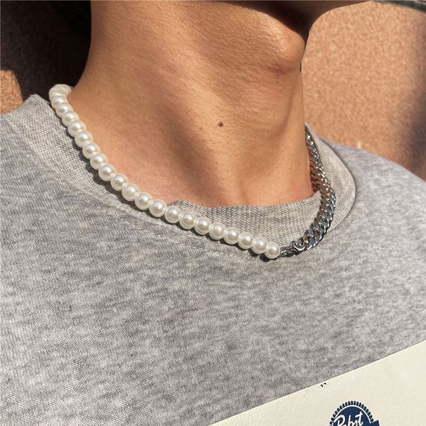 Hot Selling Stainless Splicing Necklace For Men, Non Fading Titanium Steel Pearl Chain Jewelry_ipsvogv.com