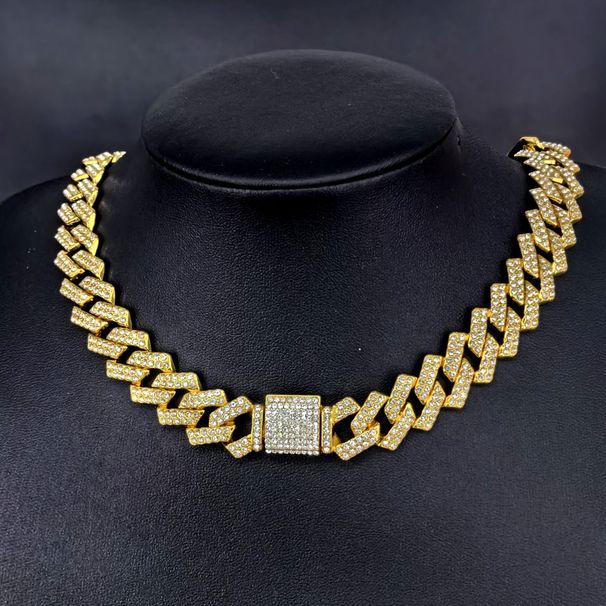 Unisex Cuban Chain New 15mm Rhombus Flap Full Of Diamonds Hip Hop Style Bracelet Necklace Large Gold Chain_ipsvogv.com
