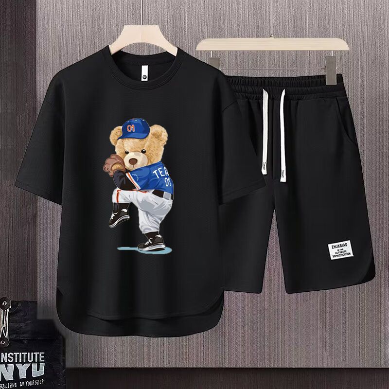 Men's Clothing 2024 Waffle Casual Summer Suit Men's Loose Teen Short sleeved T shirt Shorts Handsome Two piece Suit_ipsvogv.com