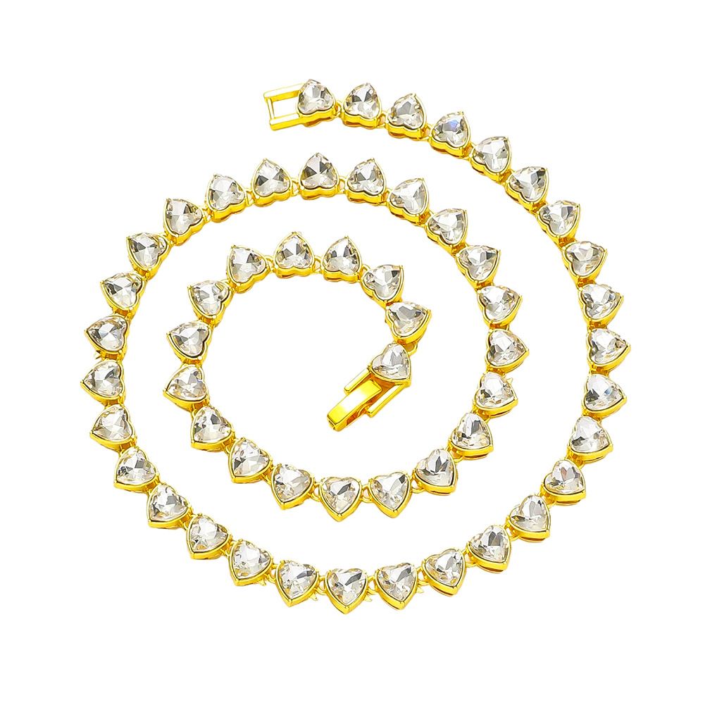 Hip hop style glass peach heart patchwork for men's personalized necklac, trendy single row diamond necklace_ipsvogv.com