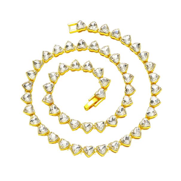 Hip hop style glass peach heart patchwork for men's personalized necklac, trendy single row diamond necklace_ipsvogv.com