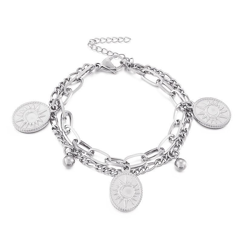 Women's Jewelry Cold Ins Style Fashion Day And Night Moon Sun Oval Pendant Double Chain Stainless Steel Bracelet_ipsvogv.com