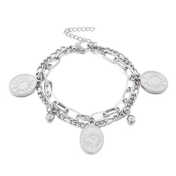Women's Jewelry Cold Ins Style Fashion Day And Night Moon Sun Oval Pendant Double Chain Stainless Steel Bracelet_ipsvogv.com