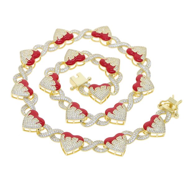 Women's Jewelry Punk Hip Hop Heart-Shaped Cuban Chain Necklace With Red Enamel And Zirconia Accents, Gold Tone_ipsvogv.com
