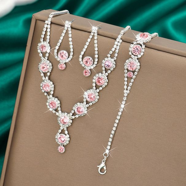 Fashion Pink Blue And Red Rhinestone Necklace Earrings Bracelet Set Hot Selling Full Diamond Three Piece Set_ipsvogv.com