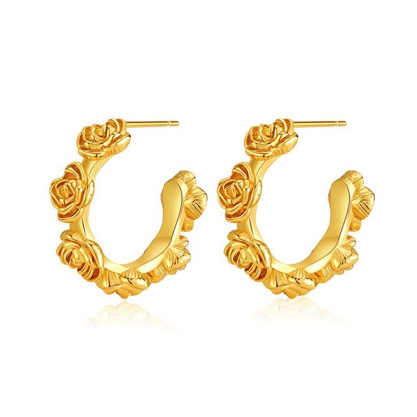 Silver Needle Environmentally Friendly Material Rose Engraved Design Romantic Earrings Sweet K Real Gold Plated Retro Texture Earrings_ipsvogv.com