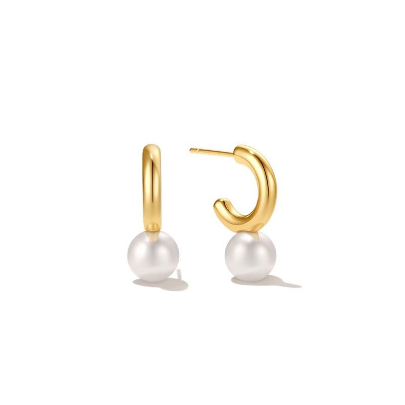 C-Shaped Pearl Earrings - Minimalist Plated Studs (Hypoallergenic Lightweight)_ipsvogv.com
